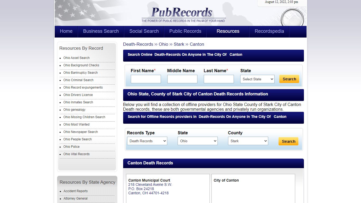 Canton, Stark County, Ohio Death Records